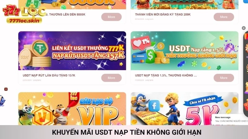 Khuyến mãi 777loc - Tổng hợp ưu đãi nhà cái mới nhất 2025 2 Khuyến mãi USDT nạp tiền không giới hạn