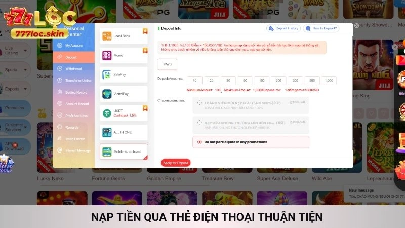 Nạp tiền 777loc - Hướng dẫn giao dịch lên điểm siêu tốc 30s 2 Nạp tiền qua thẻ điện thoại thuận tiện